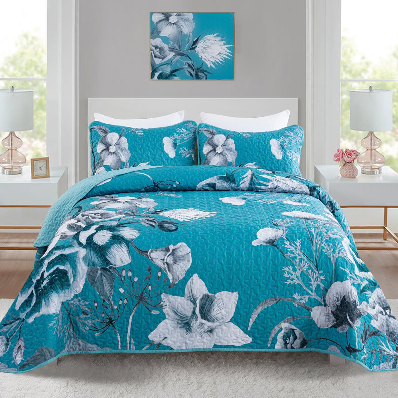Ensemble de courtepointe 3 pièces Boho Floral, Courtepointe pour lit grand + deux taies décorati