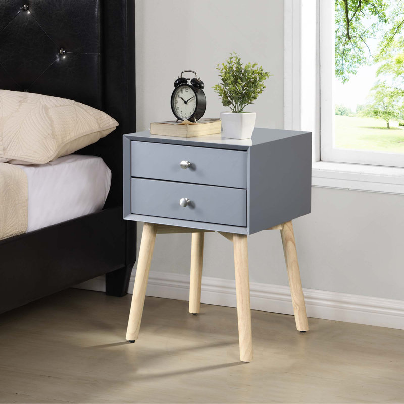 Table de chevet Mid-Century avec 2 tiroirs et pieds en bois d'hévéa, Gris