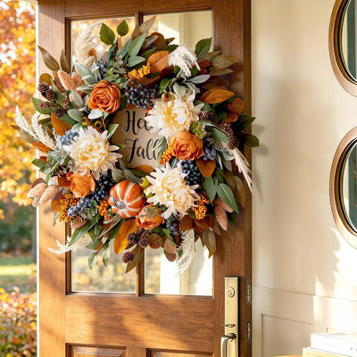 Couronne de récolte d'automne de 24 po avec rose Dahlias et signe «Hello Fall», décor de ferme intérieur / extérieur pour l'Action de grâce d'Halloween