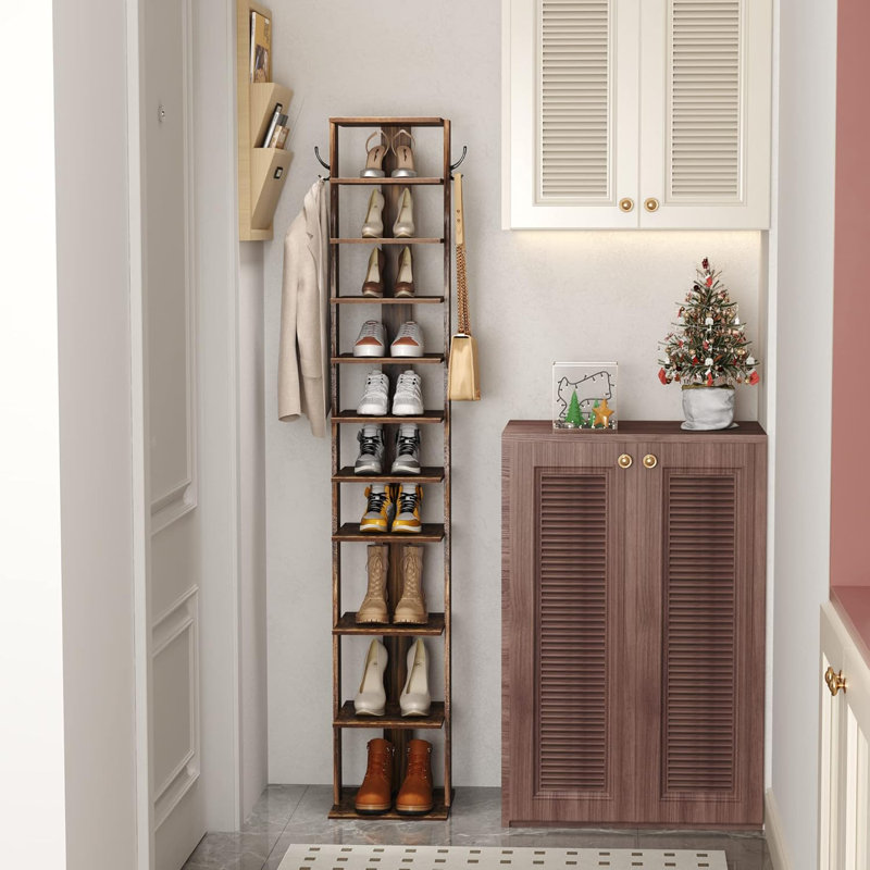 Étagère à chaussures verticale en bois à 10 niveaux avec tablette supérieure Bridgeview, Brun