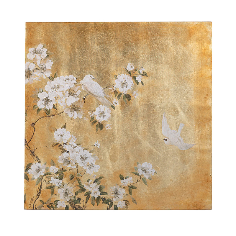 Art mural en toile blanche à fleurs peintes à la main sur fond doré texturé pour décor de campagne française et japonais, 38,6 po x 38,6 po