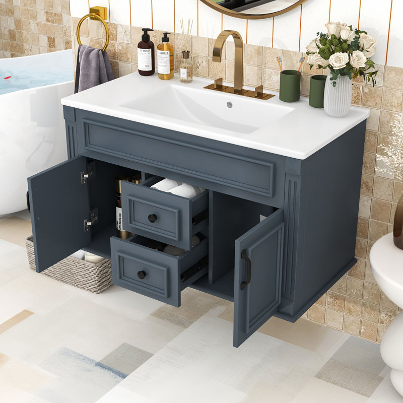 Meuble-lavabo flottant mural avec lavabo en céramique, portes et tiroirs à fermeture en douceur, Blue