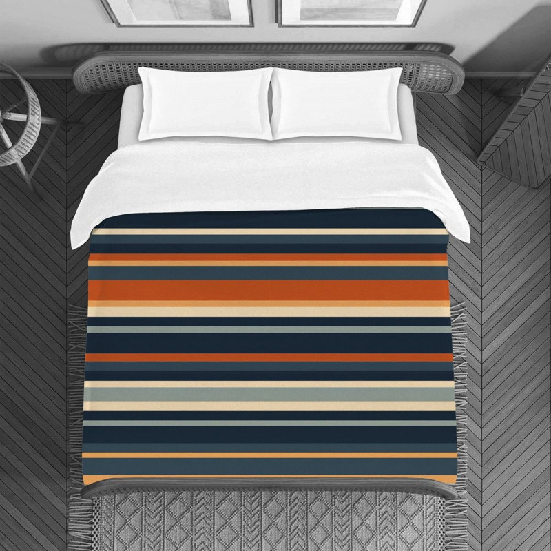 Polyester Striped Duvet Cover, Blue/Orange, Queen Duvet Cover