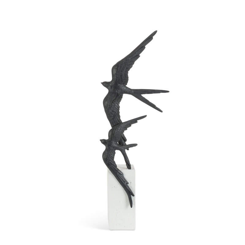20 in H Black Swallows in Flight Decor on White Marble look Resin Base