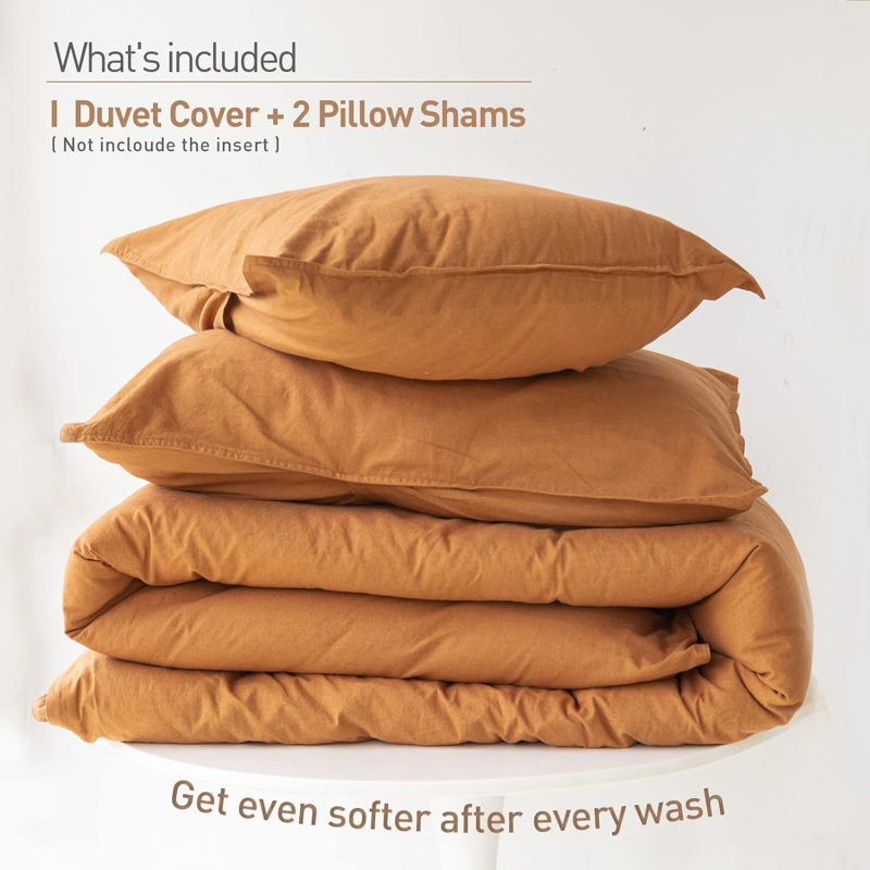French Linen Duvet Cover Set 3Pcs With Hidden Zipper Closure Natural Flax Cotton Blend, Rust, King Duvet Cover + 2 King Shams