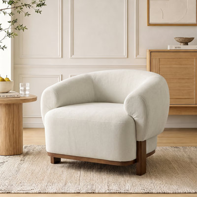 Modern Curved Upholstered Accent Chair With Solid Wood Legs, Fabric Barrel Armchair For Living Room Bedroom