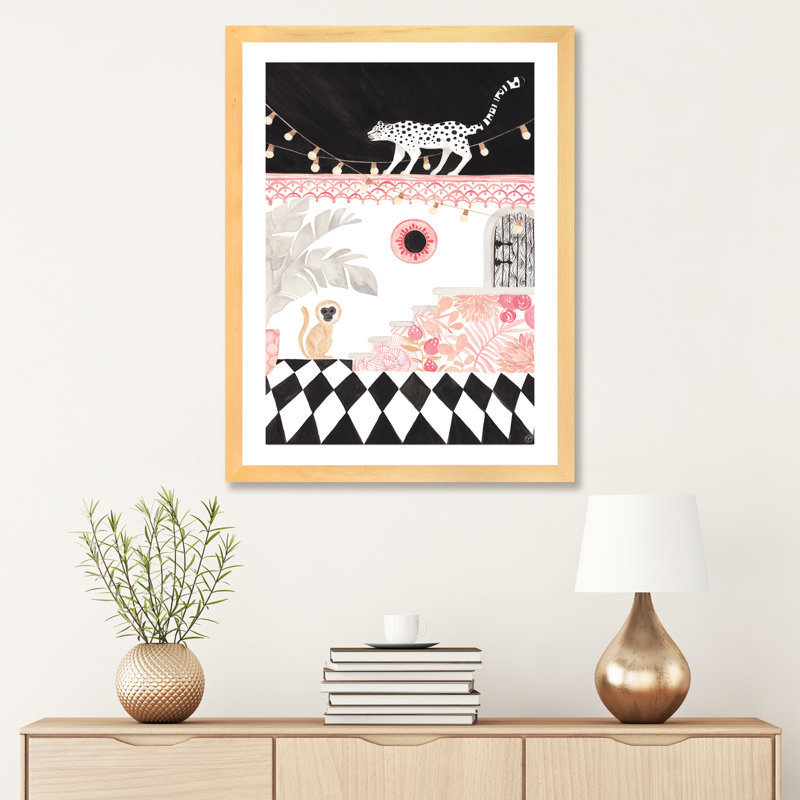 Art sur papier leopard et singe, H 32 po x l 24 po x P 1 po, Papier encadré naturel