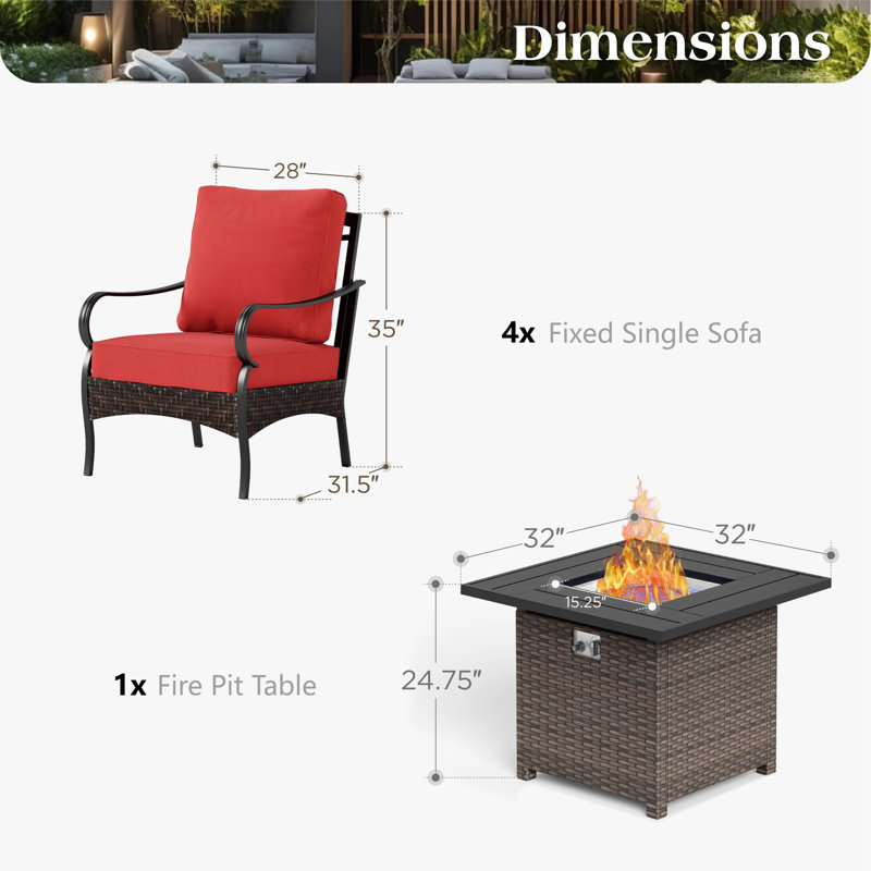 4-person Outdoor Conversation Set With Fire Pit Table, Red