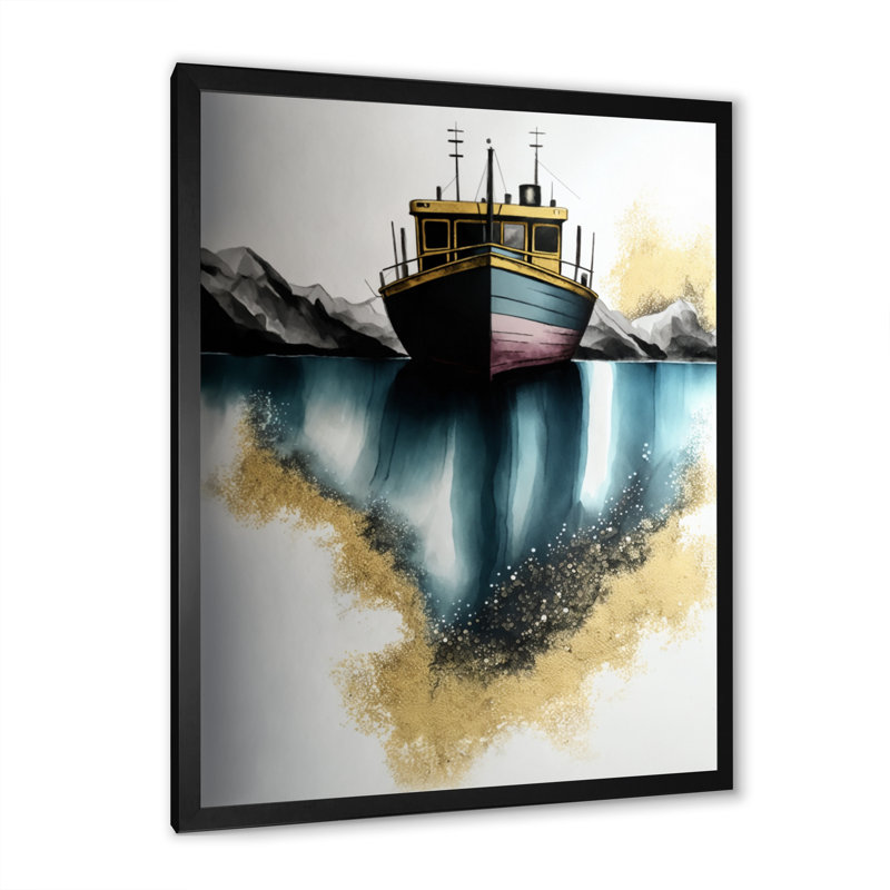 " Green Modern Fishing Boat ", Black Picture Framed, 44" H x 34" W x 1.5" D