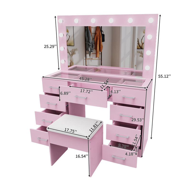 Ensemble de coiffeuse de maquillage rose clair avec lumières, USB et prise de courant, 9 tiroirs, Rose clair