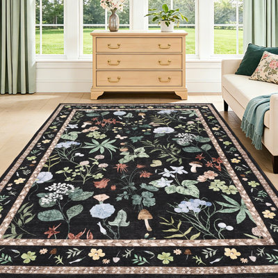 Washable Floral Area Rug, Non-Slip Low Pile Rug, Stain Resistance Carpet for Living Room, Bedroom, Dining Room