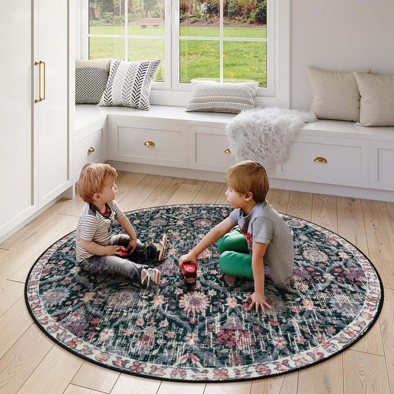 Tapis marocain rond à motif treillis marocain, petit tapis rond lavable antidérapant de 3 pieds, tapis rond ultra-fin doux pour la salle de bain, la cuisine, le vestibule, noir / multicolore