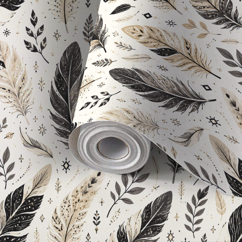 Papier peint auto-adhésif à motif de plumes à motif de plumes beige et noir, adhésif et amovible 17,7 po x 118 po (45 x 300 cm)