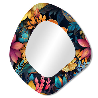 Moroccan Oasis Ii Botanical Pattern - Botanical Unique Shape Mirror, Blue Freeform Unique Wall Mirror, Printed Metal Art