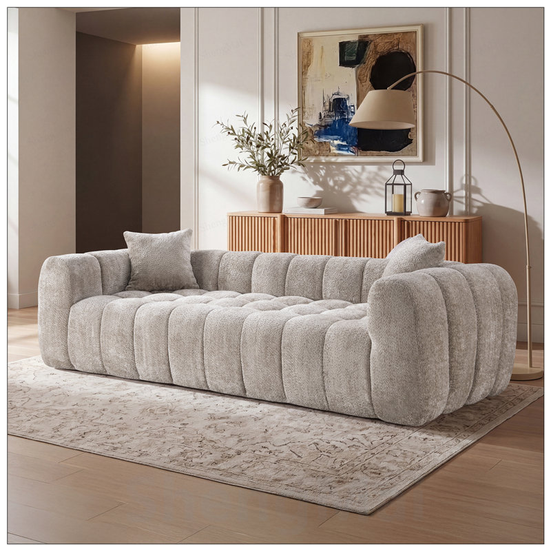 Canapé compressé surdimensionné avec deux coussins, Camel Boucle
