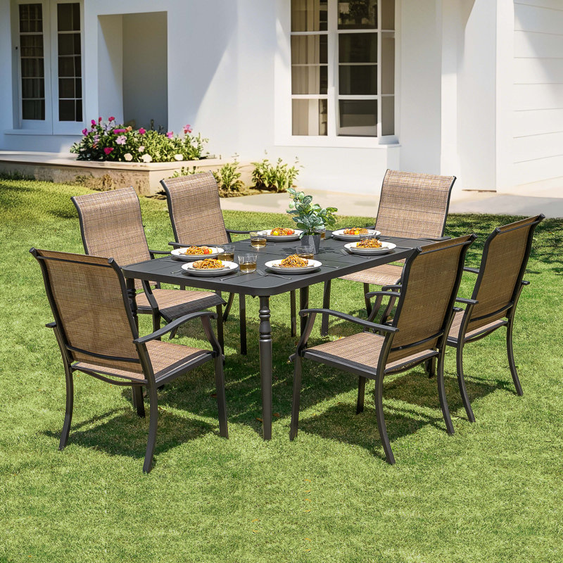 Patio PVC-coated polyester Dining Set Of 7 With Umbrella Hole, Black