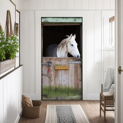 White Horse Stable Door Mural – Self-Adhesive Fabric Door Wrap for Rustic Farmhouse Charm