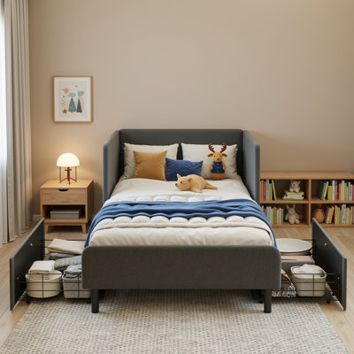 Modern Twin Corner Daybed with Adjustable Rails and 2 Drawers, Daybed with Upholstered Headboard by Latitude Run