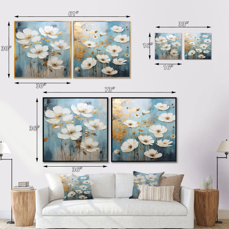Minimalisme bleu blanc boutons d'or - ensemble de collage floral carré de 2, H 16 po x l 33 po, Cadre flottant doré