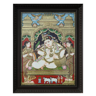 Lord Butter Krishna avec Rukmini et Satyabhama | Couleur traditionnelle avec or 24 carats | Avec cadre