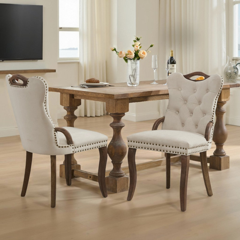 Set of 2 Velvet Dining Chairs with Hand-Tufted Trim, French-American Style Wingback Chair with Solid Wood Legs, Beige