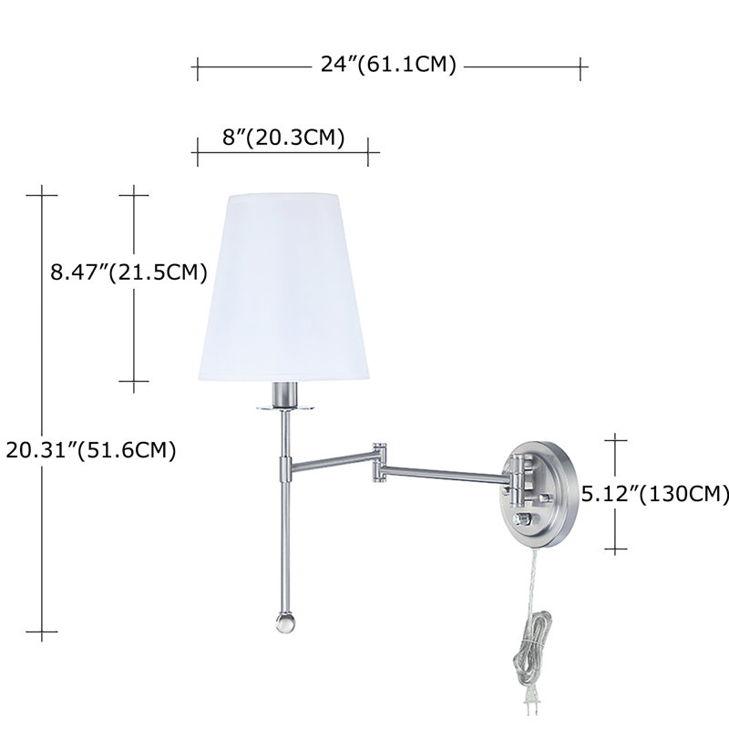 Lampe murale avec bras pivotant à 1 lumière en nickel brossé avec abat-jour en tissu et cordon de 72 po