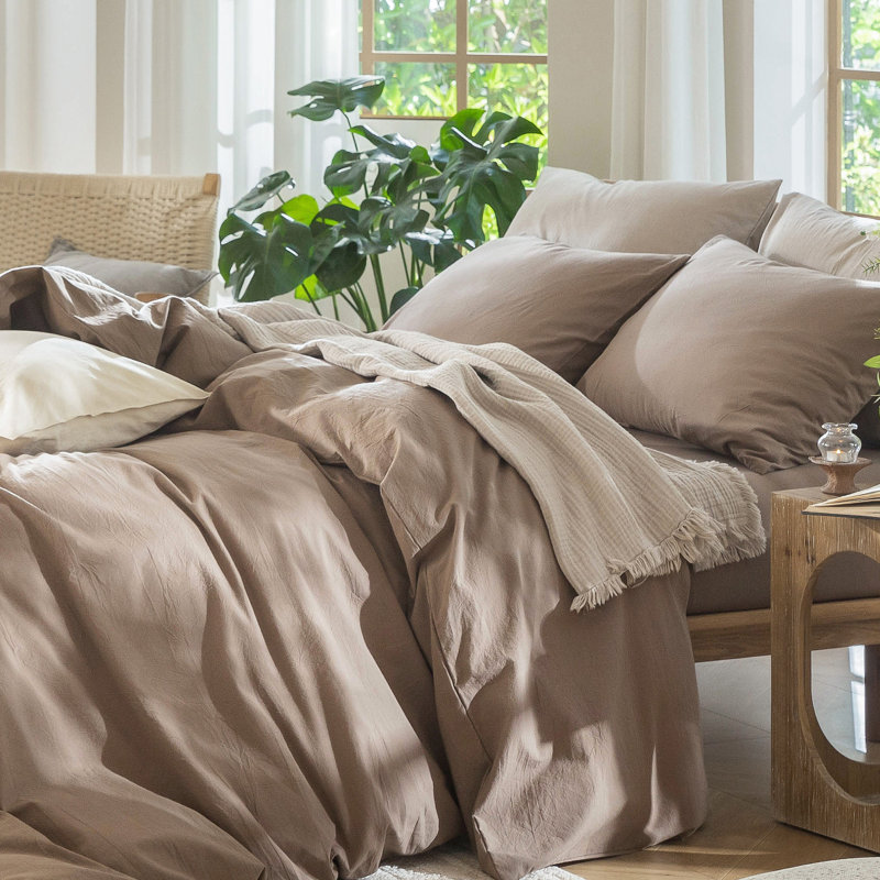 Ensemble de housse de couette 100% coton délavé MooMee, Housse de couette pour très grand lit et 2 taies , Brun