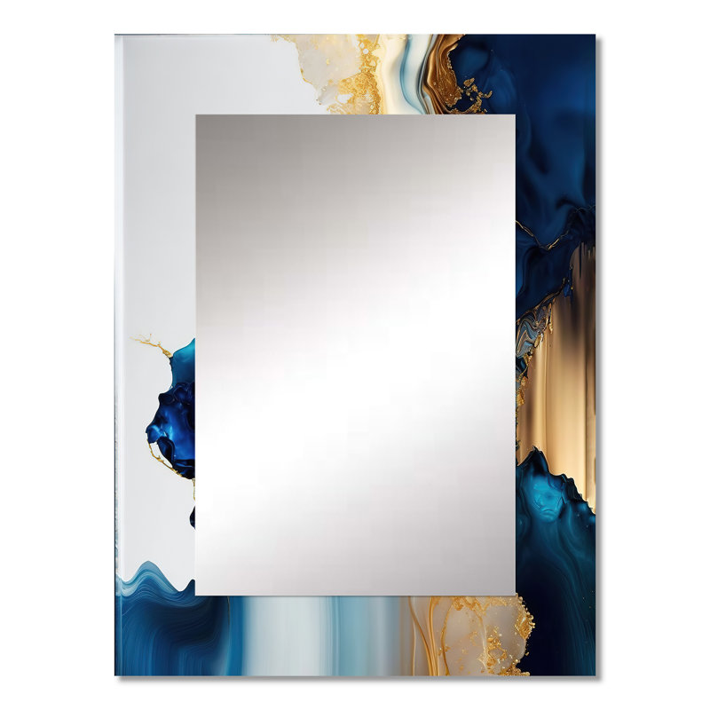 Abstrait géométrique doré et bleu marbre I - miroir mural en marbre, miroir décoratif moderne, impression d'art en métal