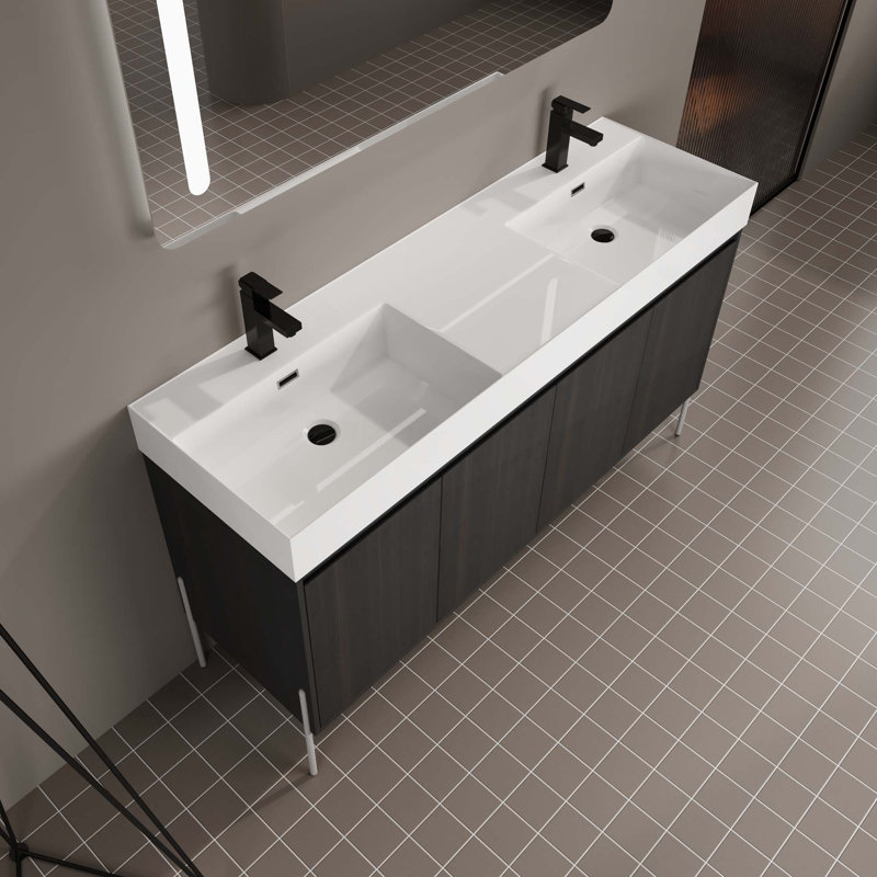 Meuble-lavabo autoportant avec lavabo double en résine, armoire de rangement avec portes à fermeture douce