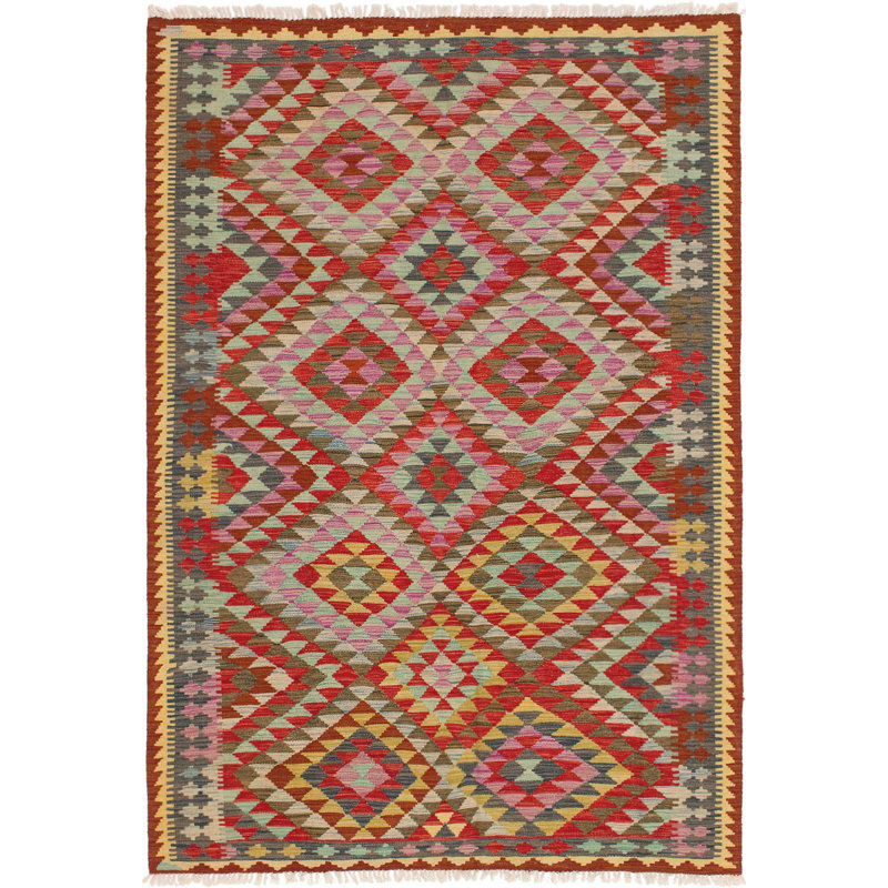 Tapis rose / rouge en laine tissé à plat à la main 5 pi 5 po x 8 pi 2 po Fairford
