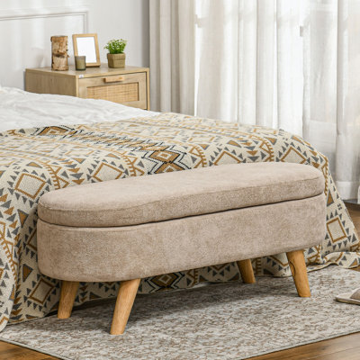 Banc de rangement avec repose-pieds, banc rembourré en polaire de 43,3 po avec pieds en bois et siège rembourré, banc d'entrée ovale moderne, beige