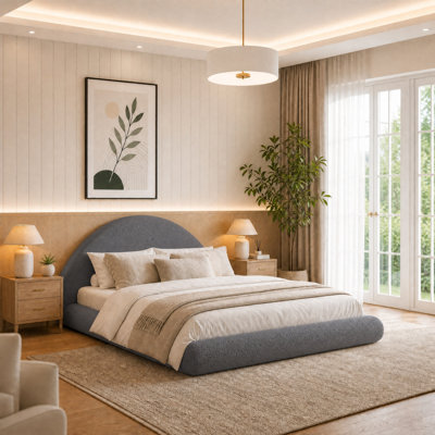 Cadre de lit plateforme rembourré, tête de lit demi-lune arquée en boucle avec rembourrage en mousse moelleuse de 12,7 cm, bords arrondis, lattes métalliques, aucun sommier requis, capacité de charge de 454 kg