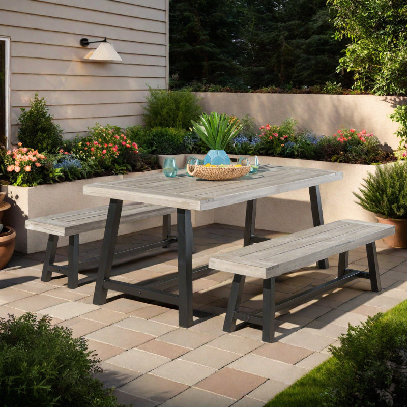Eulene 4 - Person Acacia Wood Patio Dining Set with Rectangular Table, Sandblast Light Gray/Brown