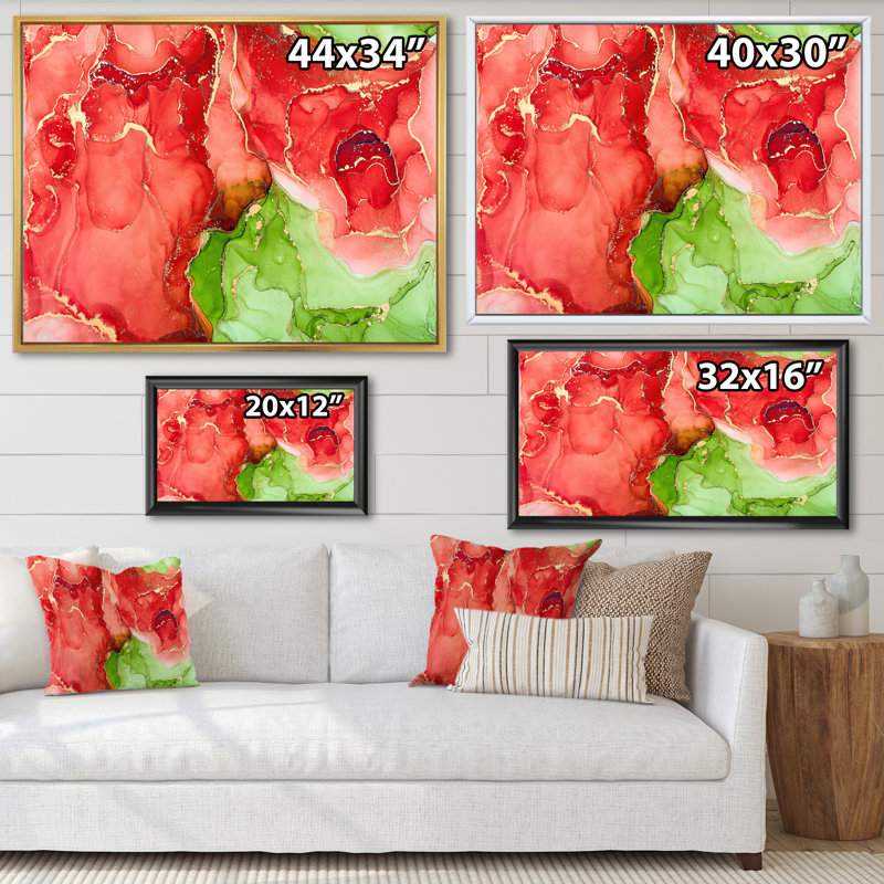«Red and Green Luxury Abstract Fluid», peinture sur toile, H 12 po x l 20 po x P 1 po, Cadre flottant blanc