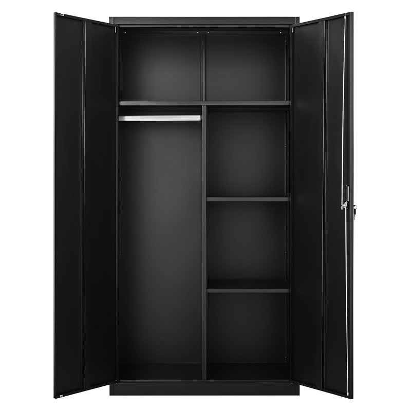 Armoire de rangement en métal avec serrure, tringle suspendue et tablettes réglables, garde-robe de chambre noire, tringle de garde-robe à revêtement résistant, tablettes pour chambre à coucher, impact
