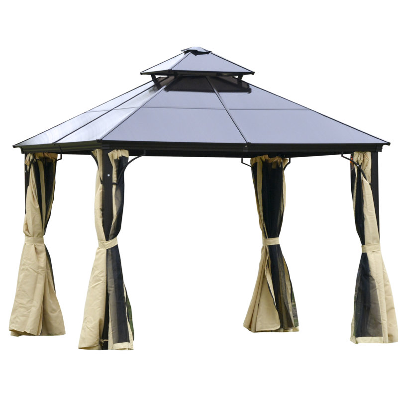 10' x 10' 2-Tier Outdoor Gazebo with Polycarbonate Roof, Beige