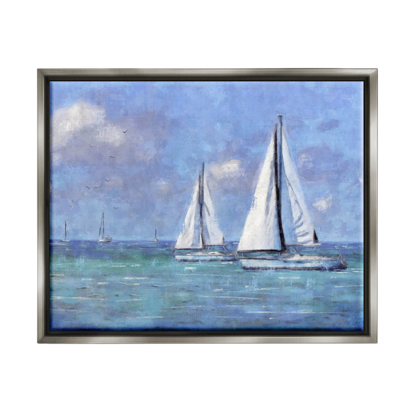 Voiliers à la dérive par Nina Blue - peinture sur toile, H 17 po x l 21 po x P 1,7 po, Cadre flottant gris lustré