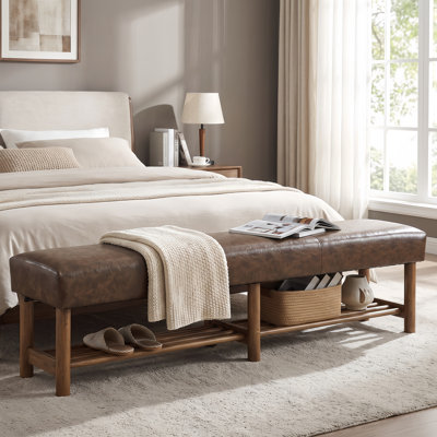 Banc de chambre en pin massif de 180 cm avec siège en similicuir, banc rustique capitonné de bout de lit avec étagère à lattes, banc d'appoint classique pour chambre et salon