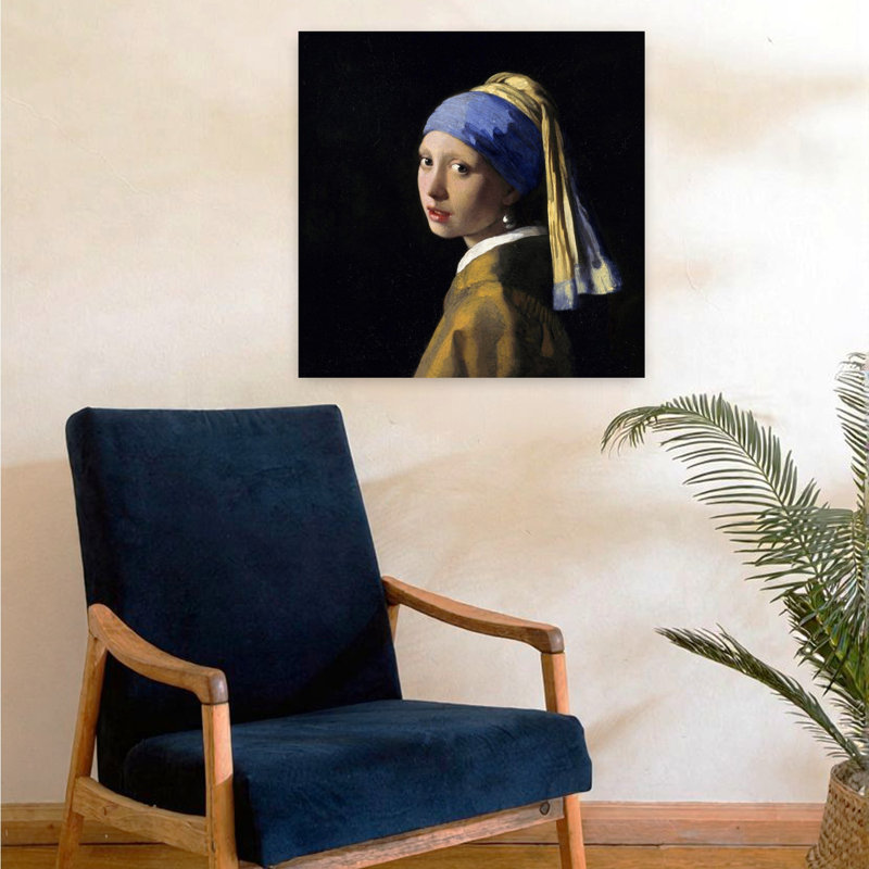 Fille avec une boucle d'oreille de perle, portrait contemporain, architecture, impression d'art mural, H 24 po x l 24 po