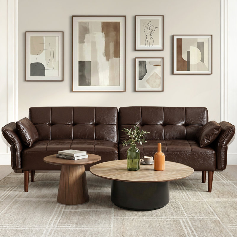 Latitude Run® Faux Leather Upholstered Futon Sofa Bed with Armrests and Backrest Adjustable, Coffee Brown