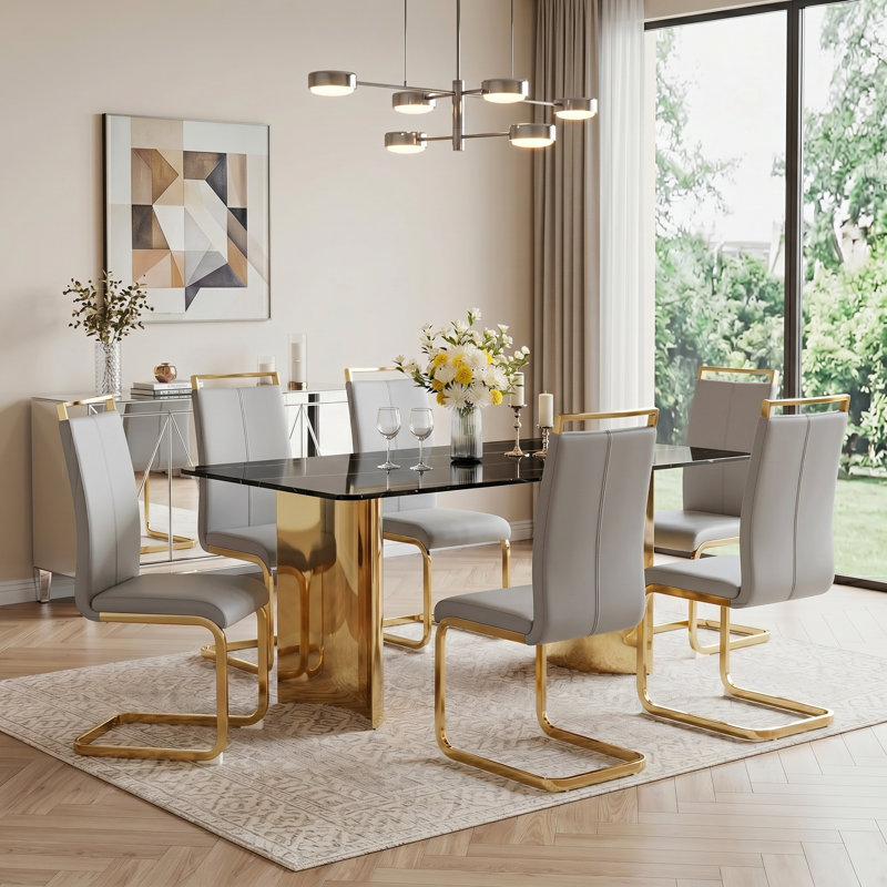 Modern 7-Piece Rectangular Faux Marble Tempered Glass Dining Set with Faux Leather C-Shaped Chairs, Light Gray
