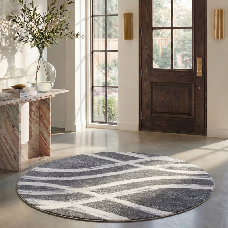 Tapis performance abstrait Shelva, Charcoal/Ivory, Rond 6 pi