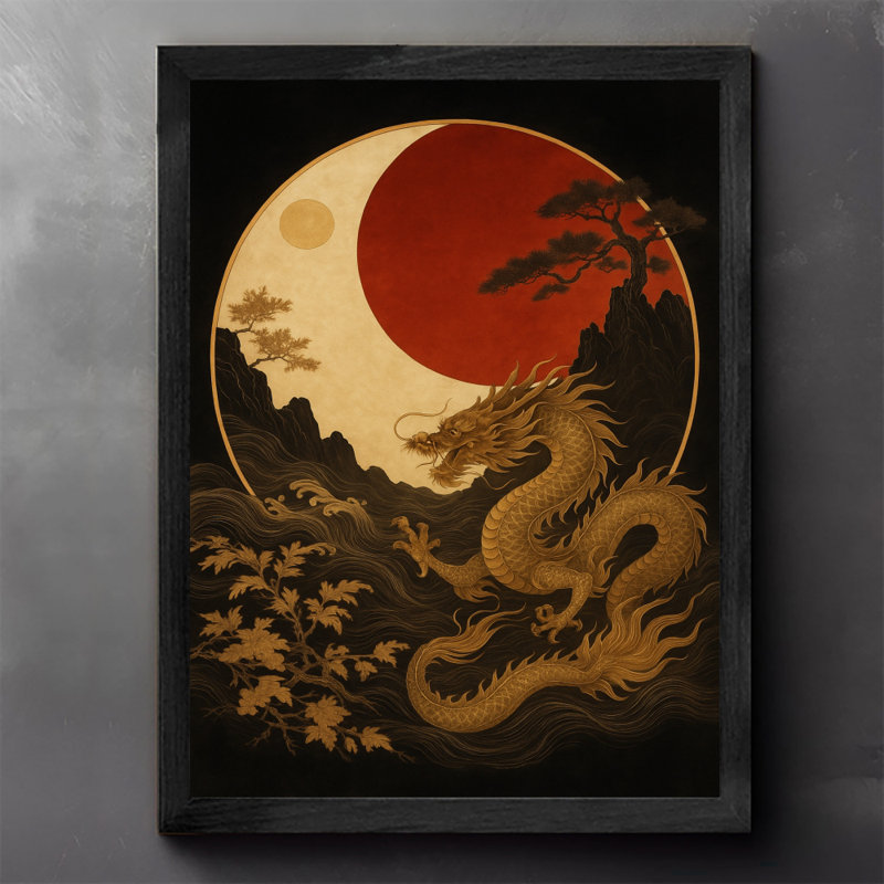 «Black», encadré noir japonais, peinture décorative de bon augure encadrée, H 25 po x l 17 po