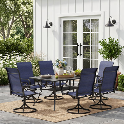 Ensemble repas d'extérieur rectangulaire pour 6 personnes avec chaises pivotantes en polyester enduit de PVC Keppler