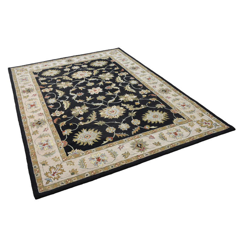 Tapis écologiques en laine touffetée à la main Thor - Rectangle, beige noir | Conception orientale | Tapis pour le salon, la chambre à coucher