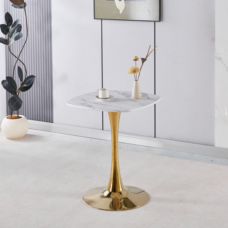 Table de salle à manger carrée 24 po Tulip avec plateau en panneau de fibres à densité moyenne blanc et base en métal doré