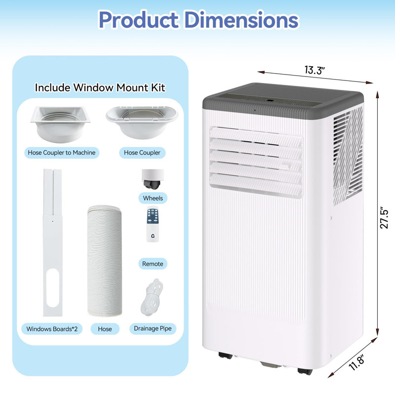 10000 BTU Unité de climatisation portative 4-en-1 Ventilateur à chaleur froide et sèche 450 pieds carrés Mode veille 24 heures minuterie télécommande