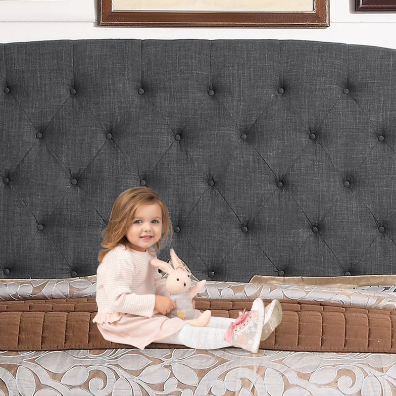 Linen Upholstered Wingback Headboard with Double Nailhead Trimming and Button Tufting for Bedroom, Black, King