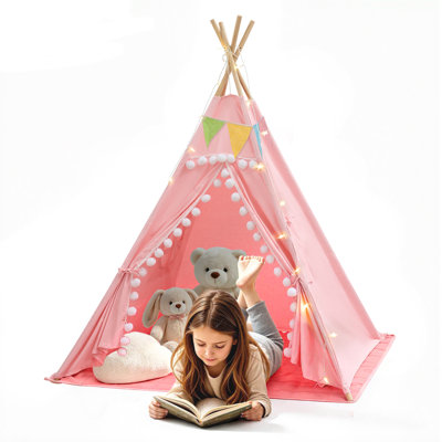 Tipi en bois de pin pour enfants, en toile de coton rose, pour l'intérieur et l'extérieur, avec guirlande lumineuse étoilée, sac de transport, drapeau, fenêtre d'aération, pompon et tapis rembourré.