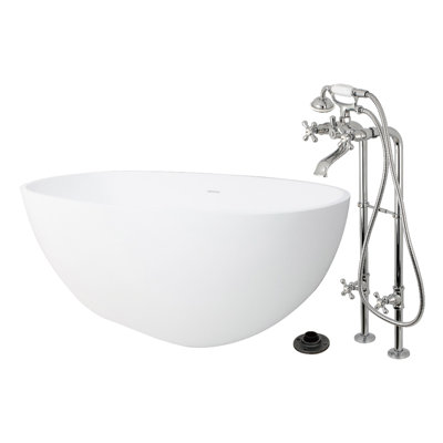 Kingston Arcticstone 65-Inch Solid Surface Oval Double Ended Freestanding Tub With Faucet Combo And Drain
